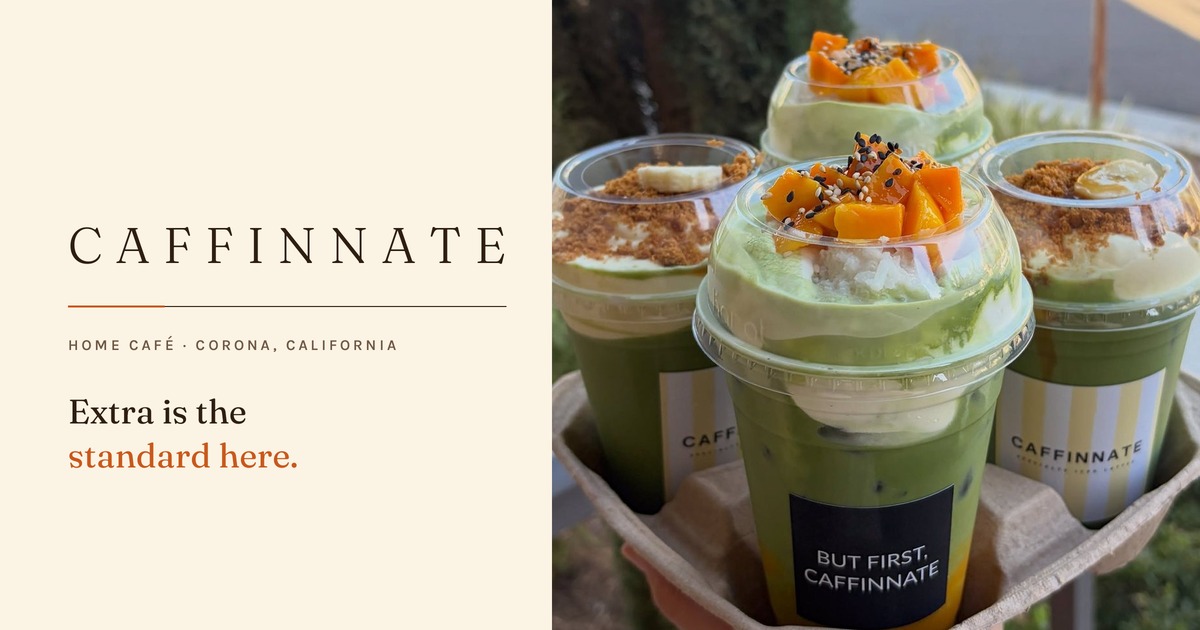Share card for Caffinnate: the wordmark beside a tray of iced matcha drinks