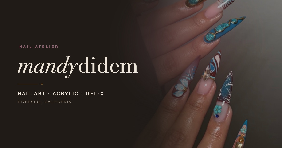 Share card for mandydidem: the wordmark in cream on near-black beside a close up of nail art