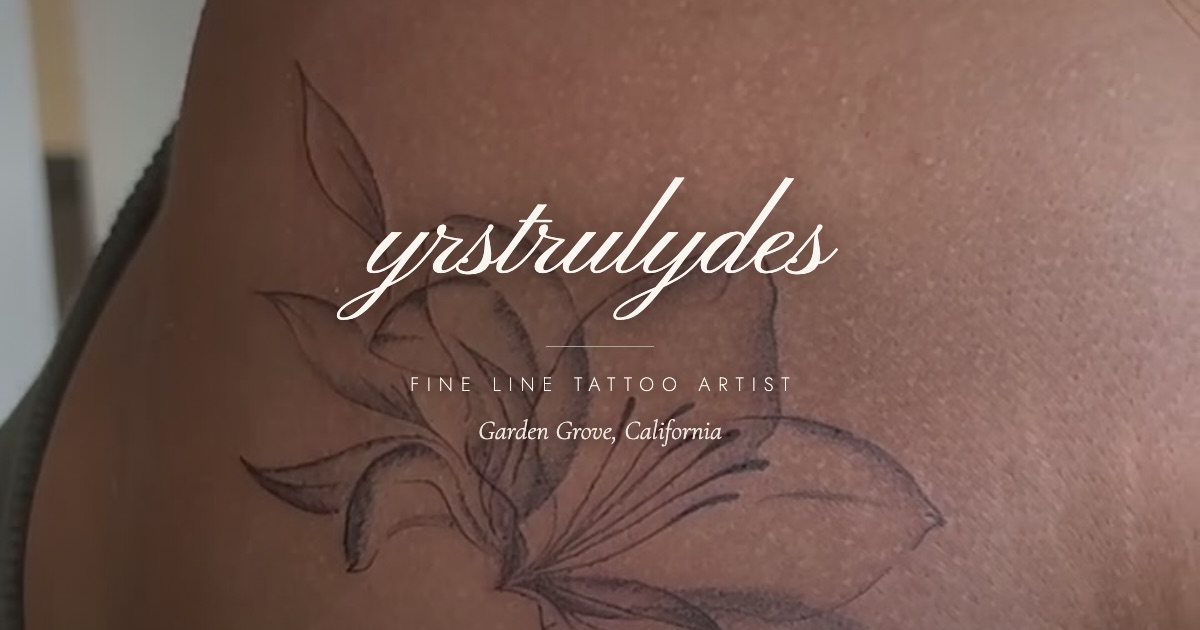 Share card for yrstrulydes: a fine line lily tattoo with the wordmark in script over it